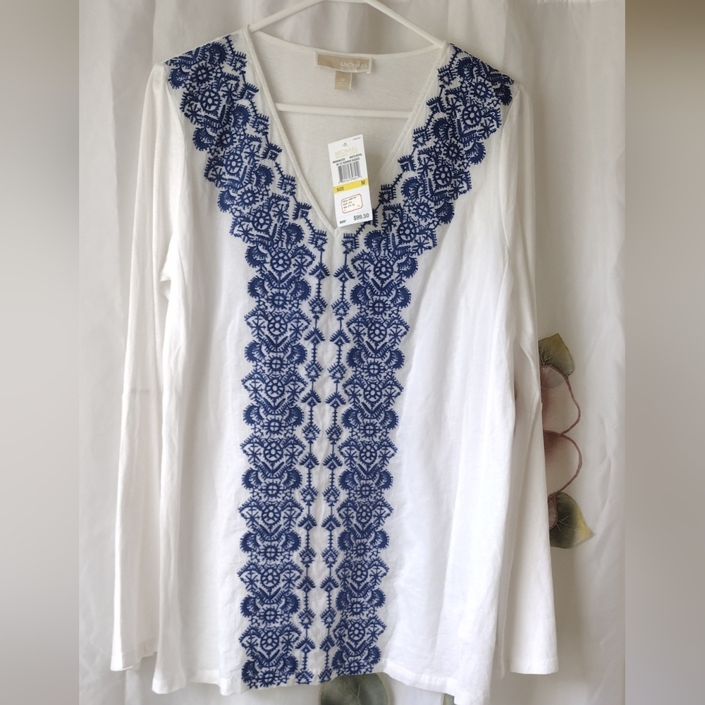 NWT Michael Kors White Tunic with Blue Embroidery